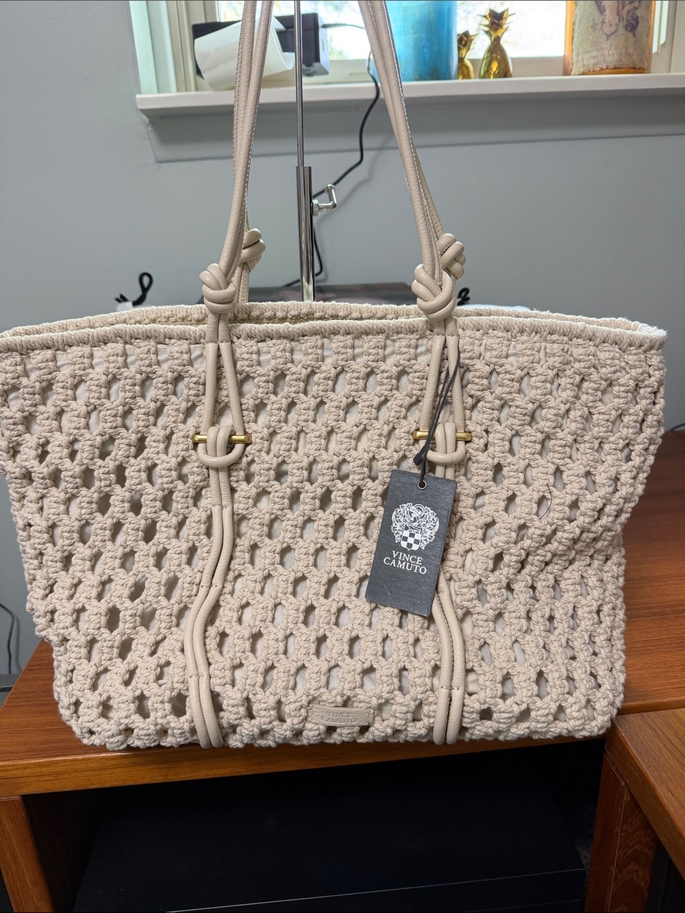 Vince Camuto Beige Crochet Tote with Rope Handles